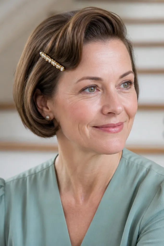 Side-parted short hair with a small vintage roll pinned at the side