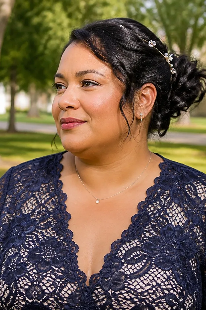 Short hair pinned into a small bunlet with decorative bobby pins