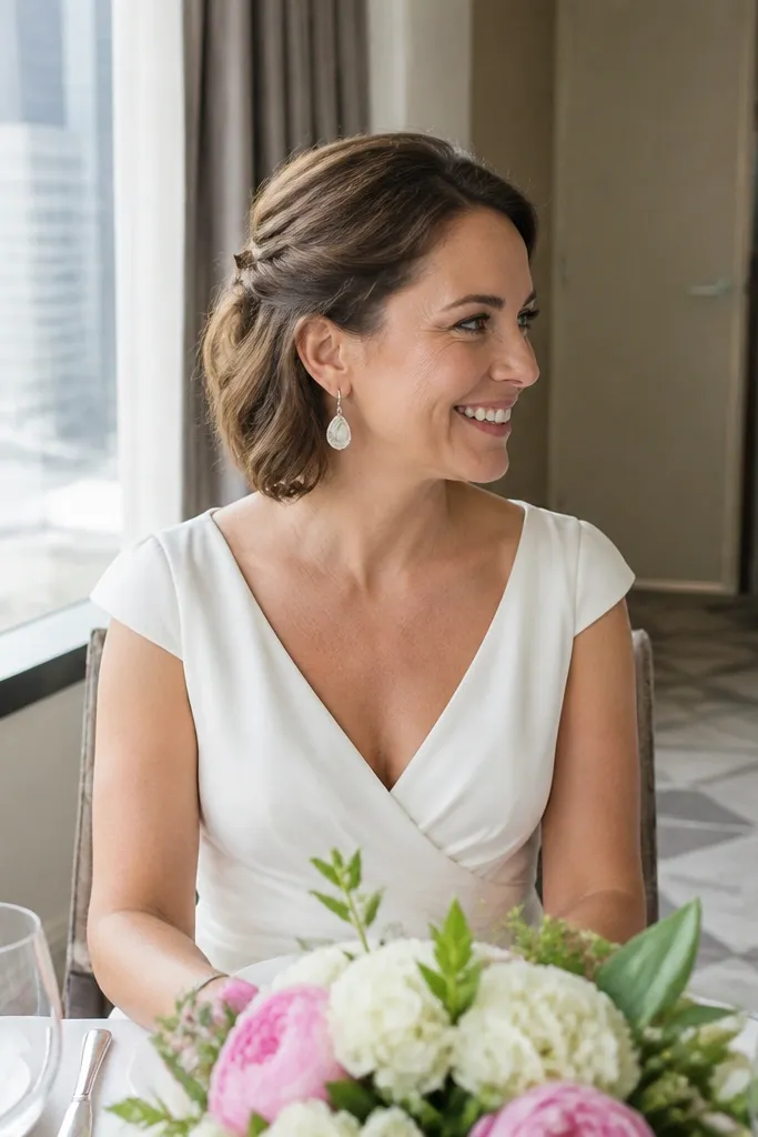 Short hair with a half-up twist knot pinned at the back