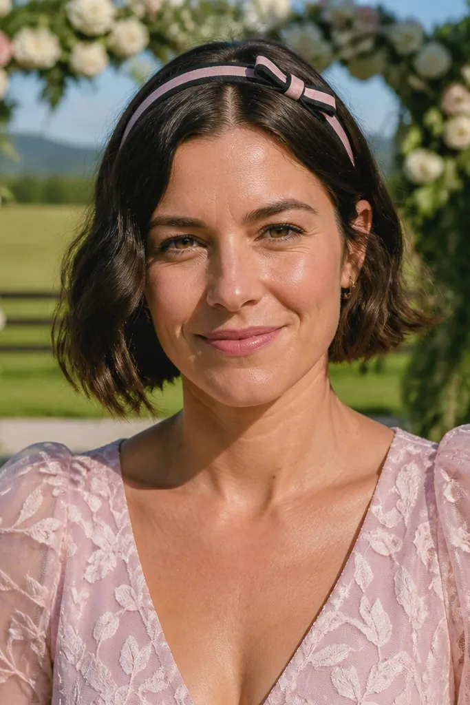 Short bob with a ribbon tied around the head and hair pinned underneath