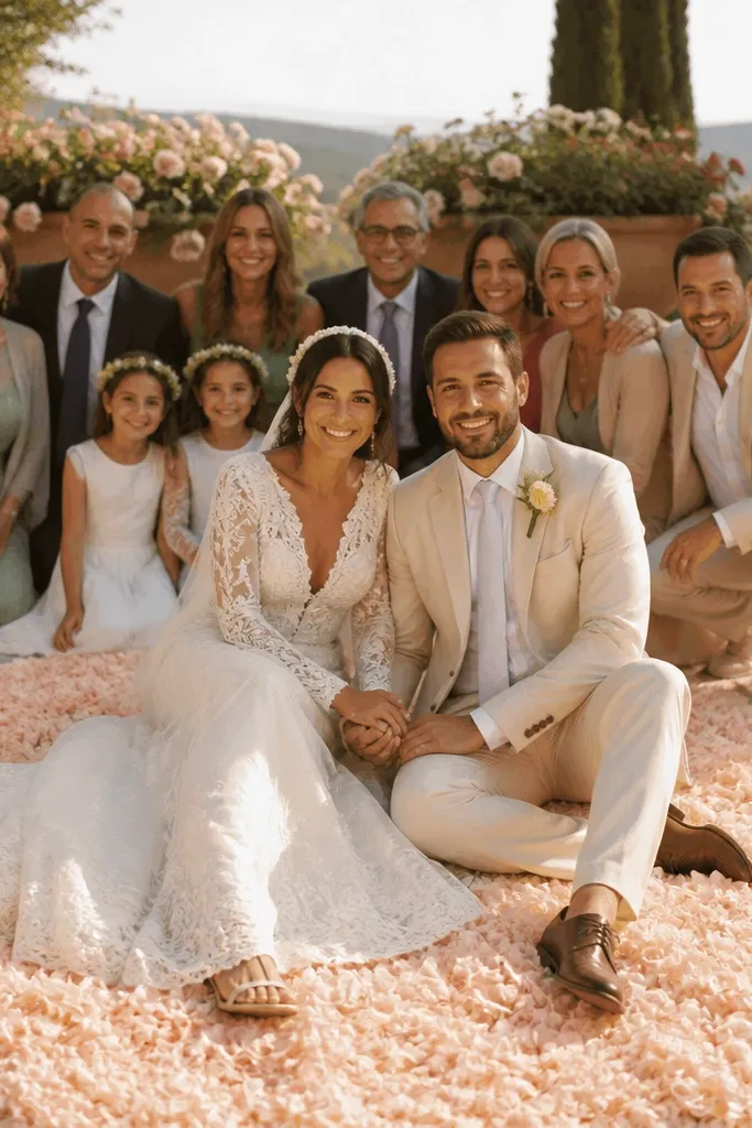 Bride and groom surrounded by family in front of a petal-covered area