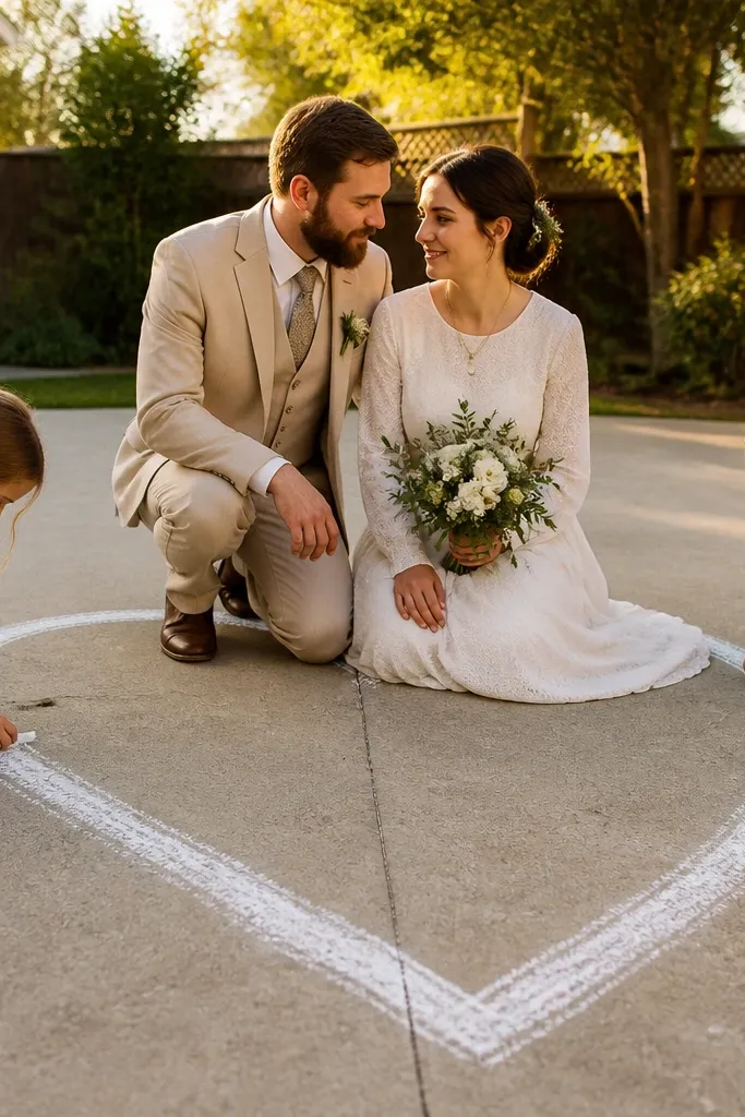 Bride and groom pose inside a chalk heart drawn on the ground
