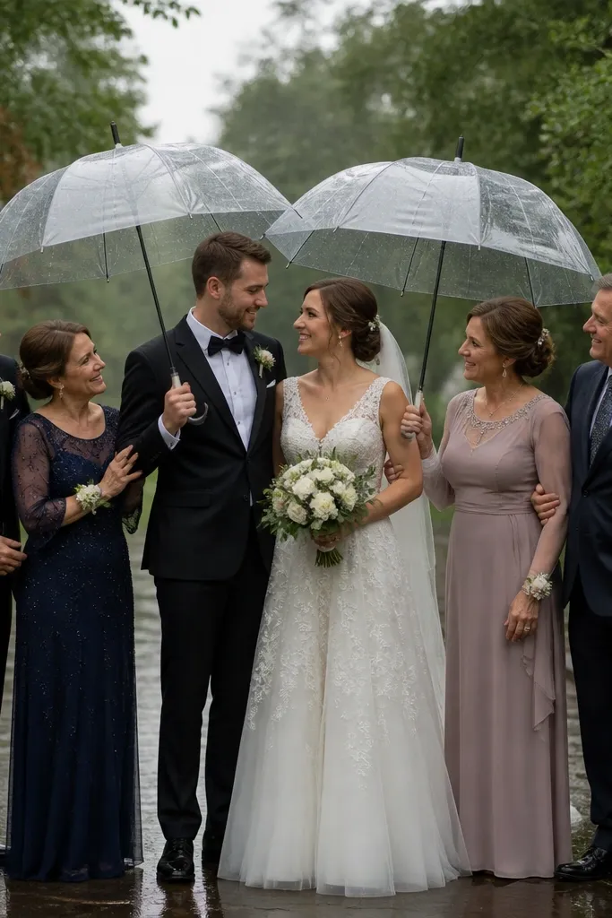 Bride and groom standing under matching umbrellas with family close by
