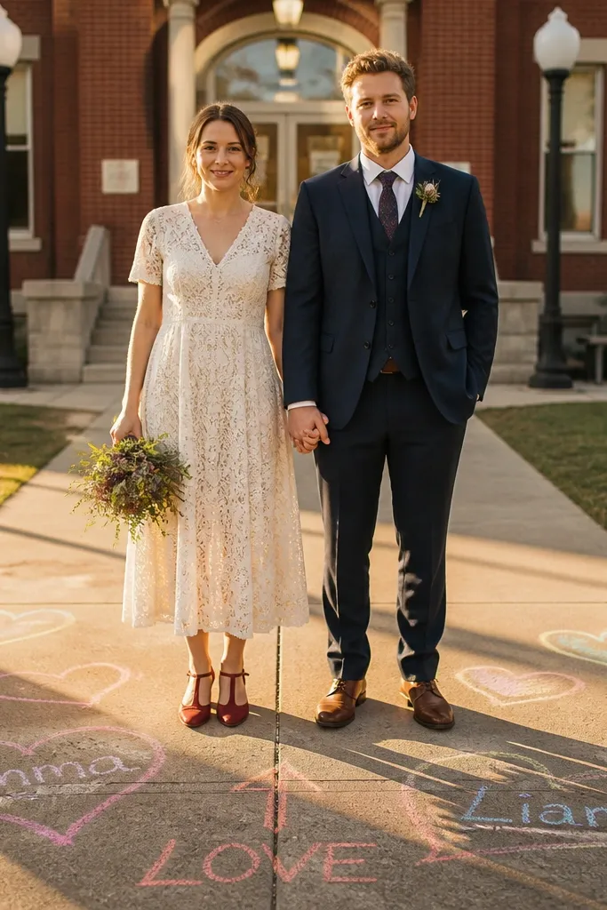 Bride and groom holding hands in front of sidewalk chalk names
