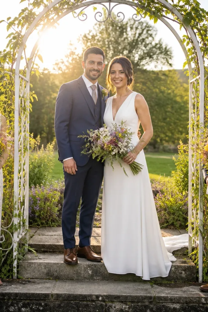 Bride and groom framed by a garden arch while kids hold flowers