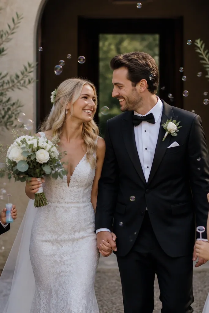Bride and groom smiling as kids hold bubble wands nearby