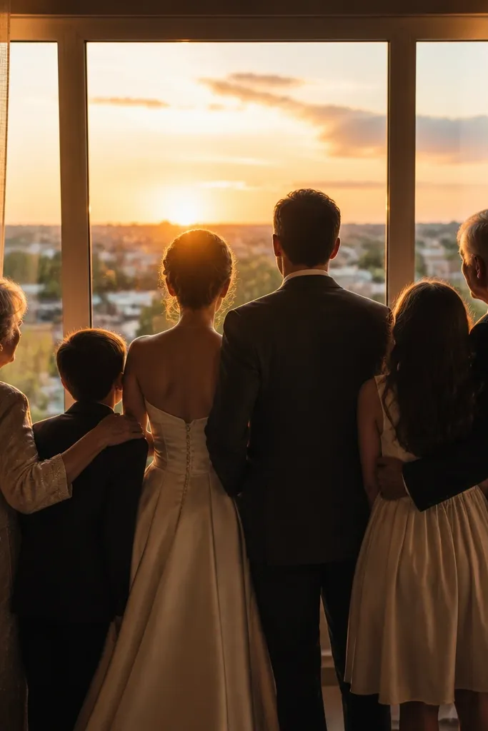 Bride and groom framed by a window with family standing behind