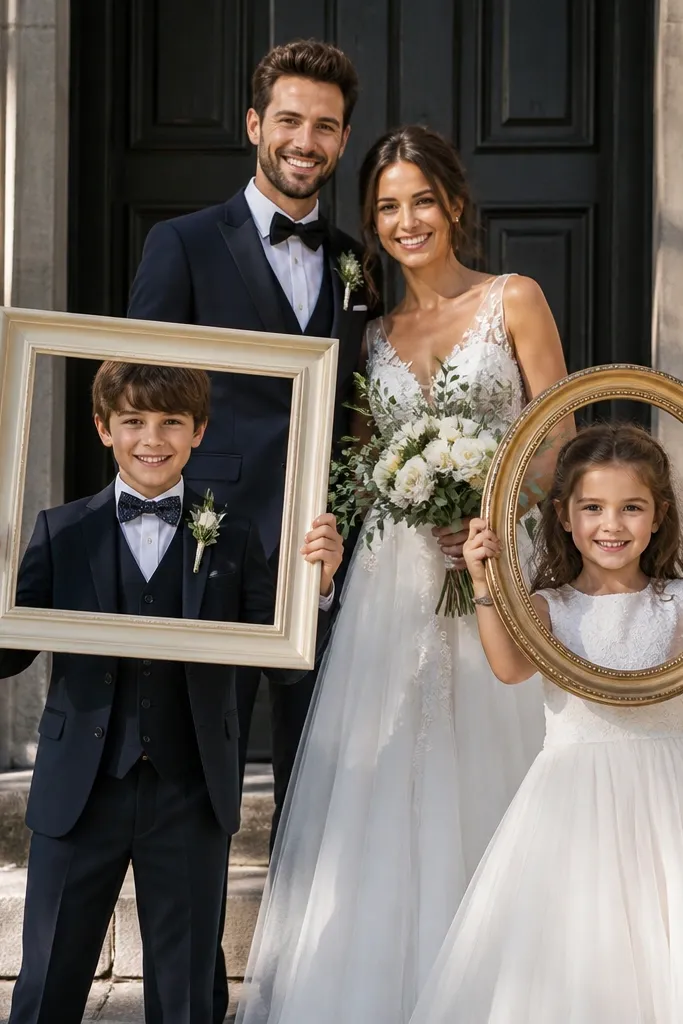 Kids holding simple frame props while bride and groom pose behind