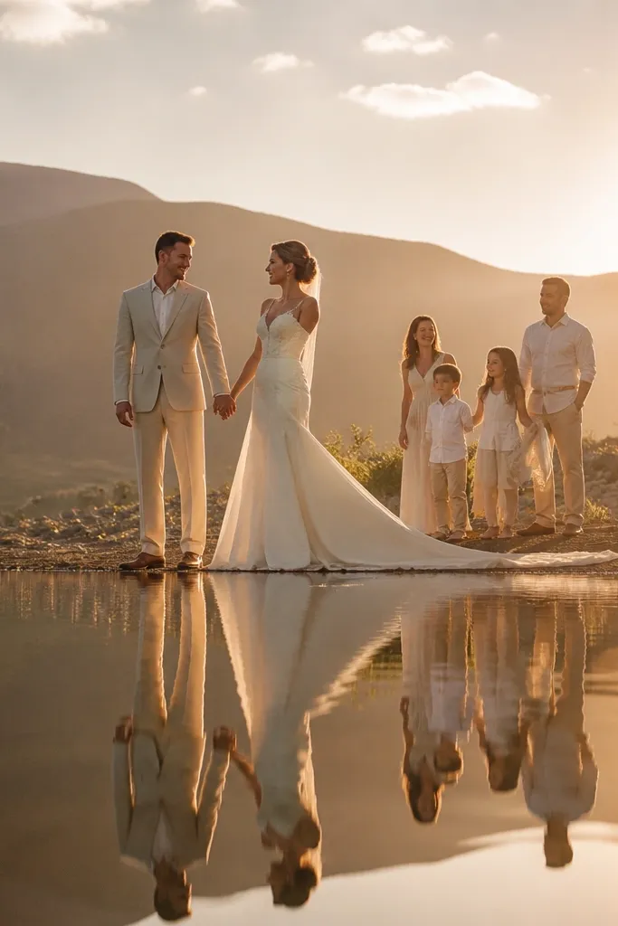 Bride and groom holding hands at a lake edge with family nearby