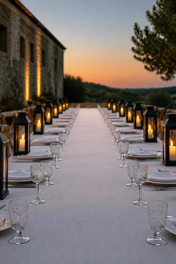 Metal lanterns with LED tea lights along the outer edges of a table