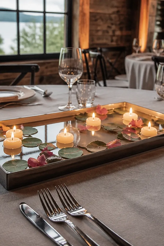 Shallow water tray with floating LED candles on a wedding table