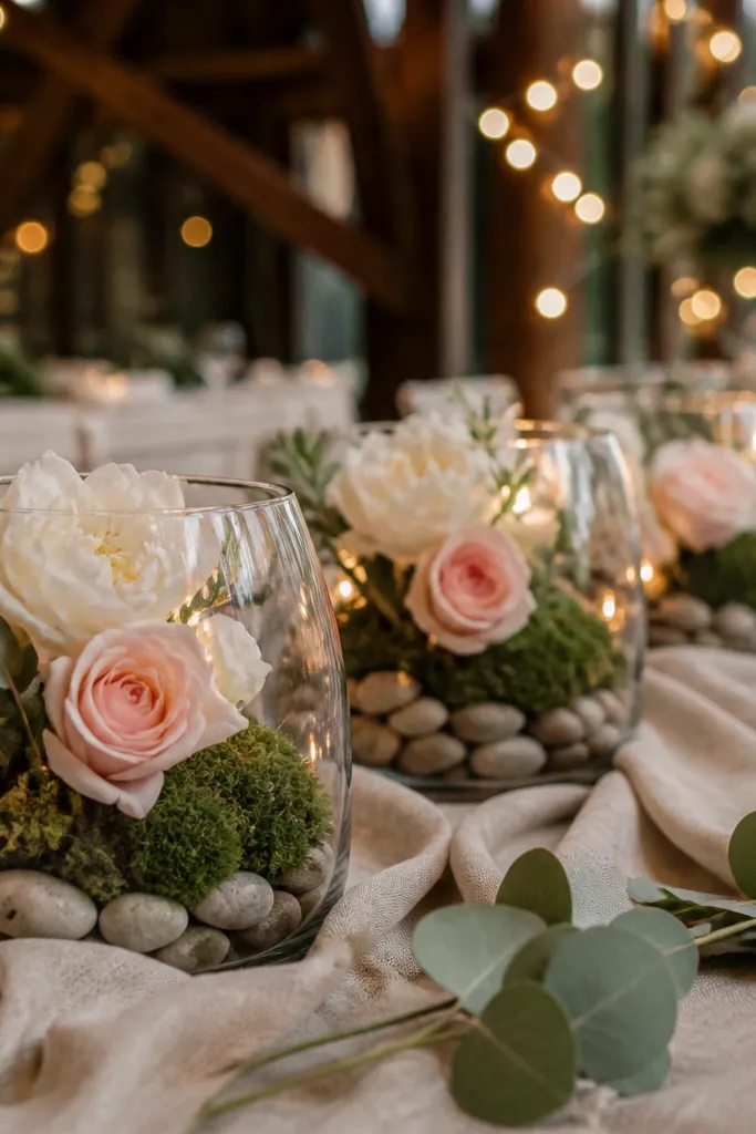 Small glass terrariums with moss and tiny faux flowers on tables
