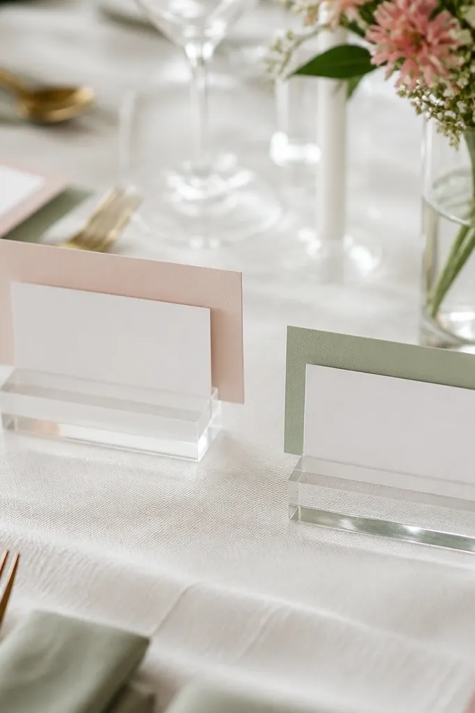 Clear place card holders with blush-colored cards on a white table