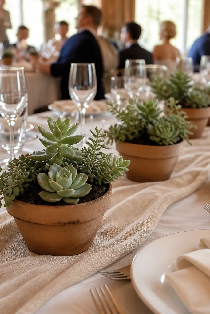 Small planters with succulents grouped in a low row on a table