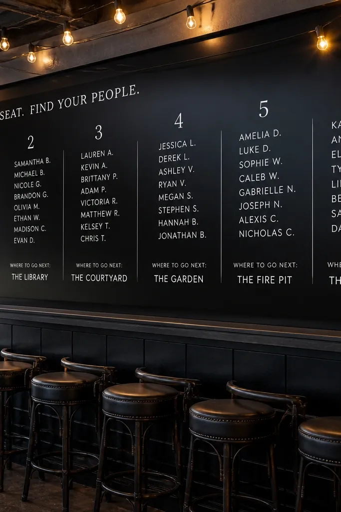 Matte black board with white headings and table groups arranged like a drink menu