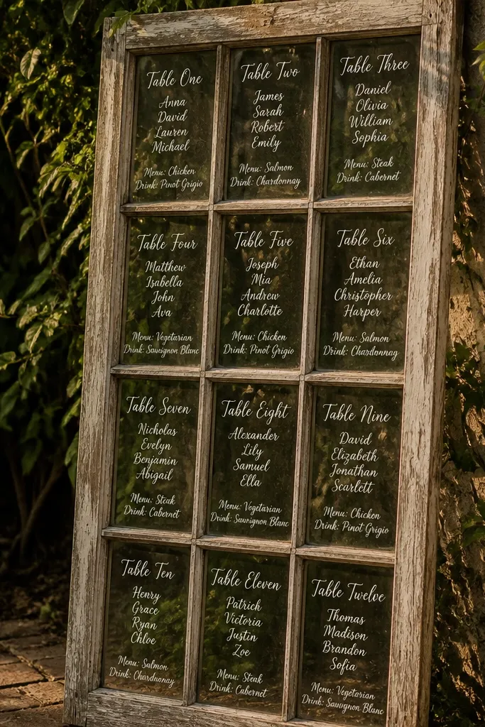 Old window pane holding printed table cards and drink station notes with twine