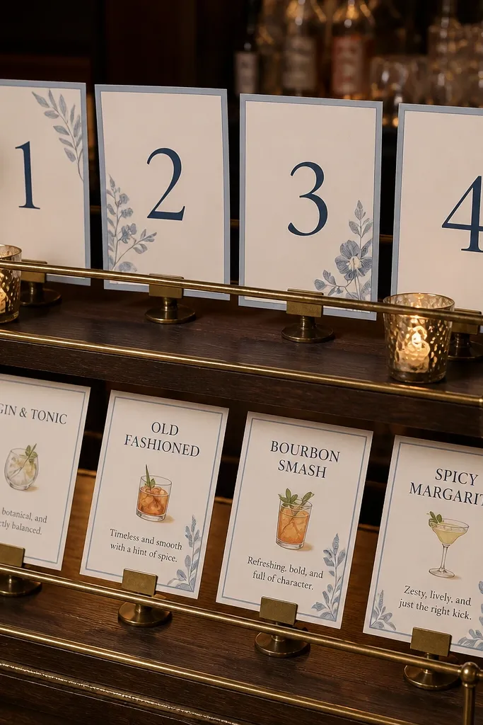 Bar cart with tiered display holding table number cards and drink timing notes