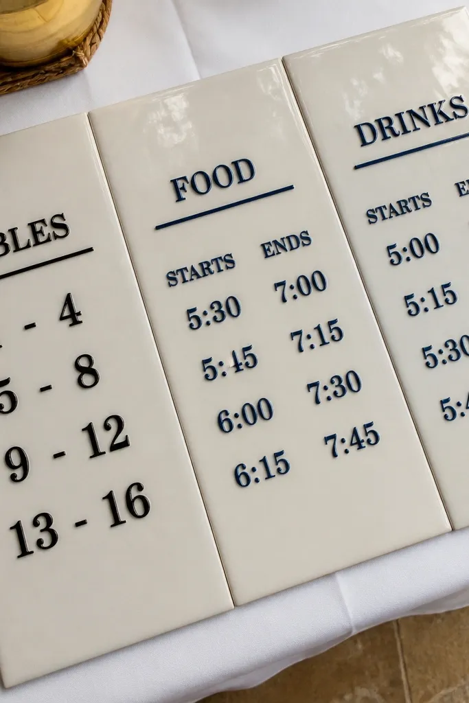 Large white ceramic tiles arranged on a stand with vinyl labels for tables and drink notes