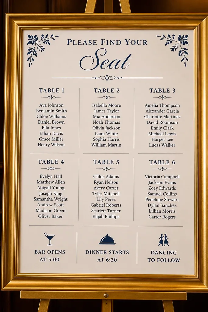 Gold picture frame holding oversized cards labeled by table groups and drink timing