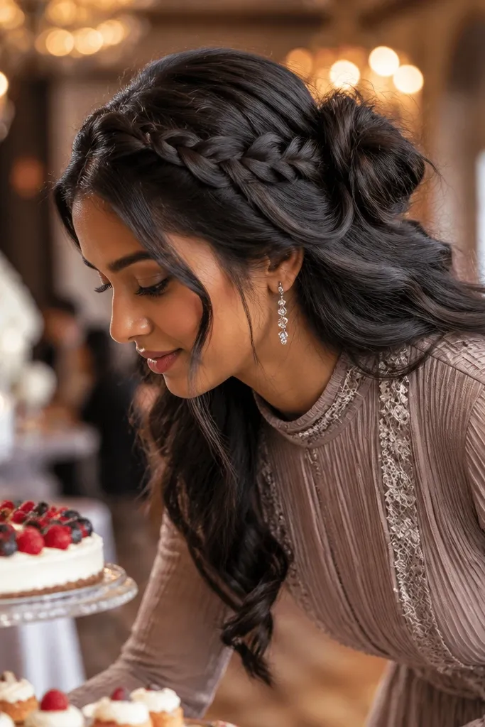 A thin lace braid gathered into a small knot above loose hair