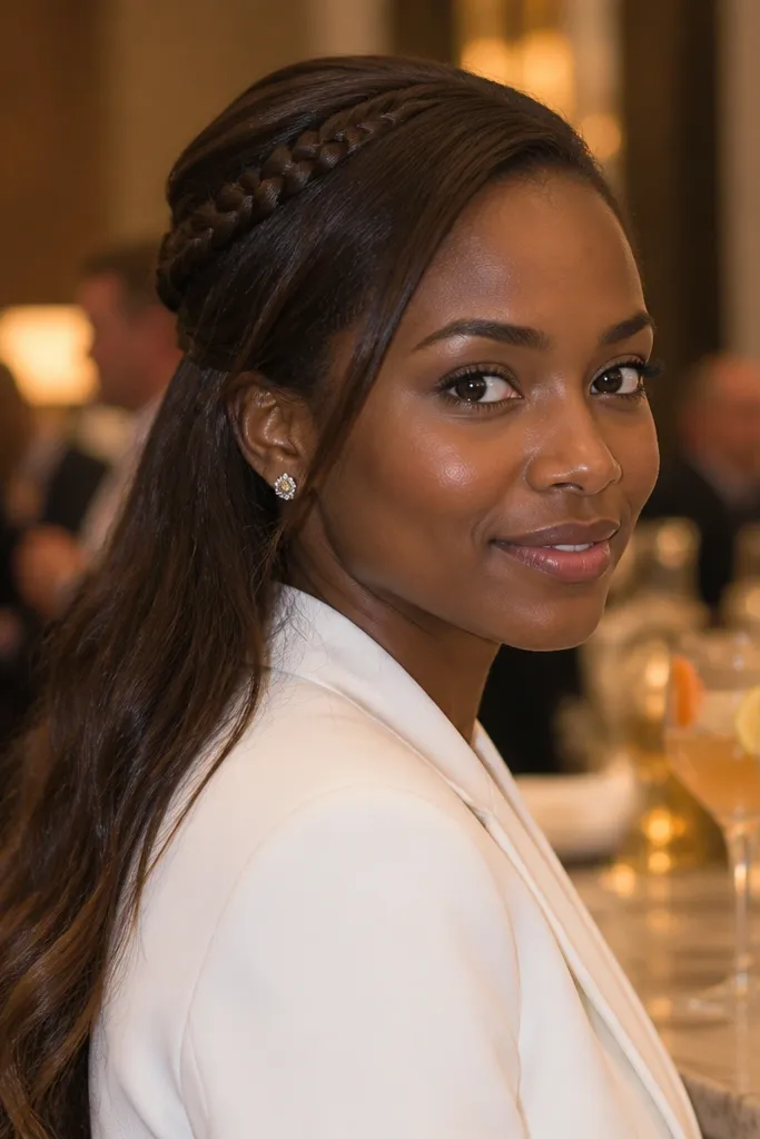 Side-parted hair with a small braided crown accent pinned at the back