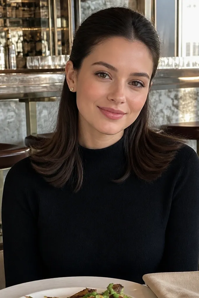 Sleek half-up pinned back with feathered ends falling