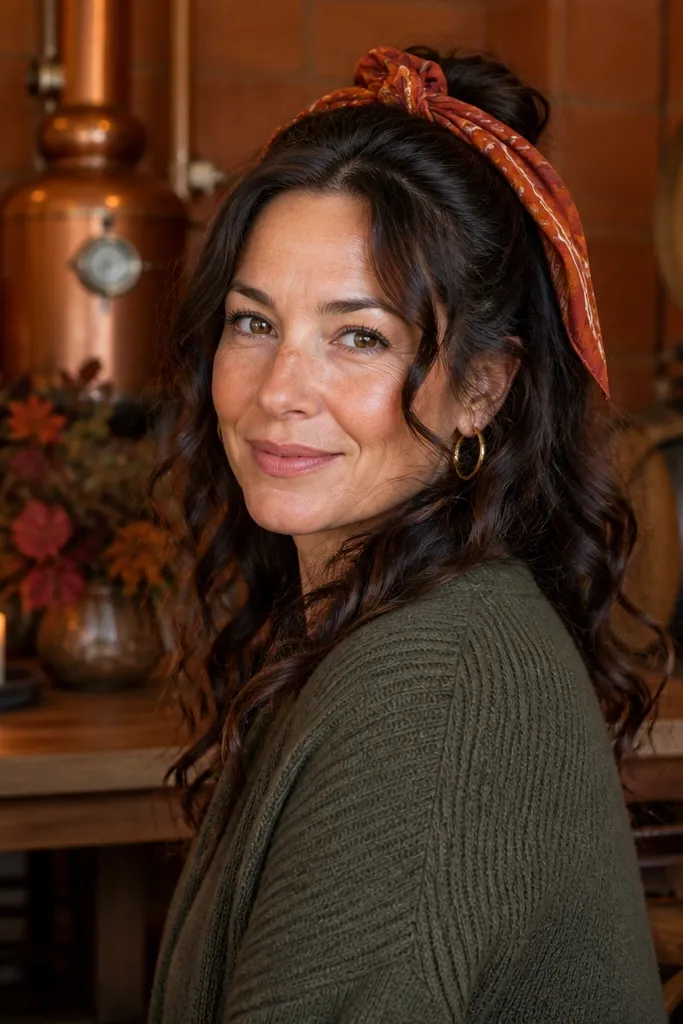 Half-up tied with a patterned scarf knot and loose curls