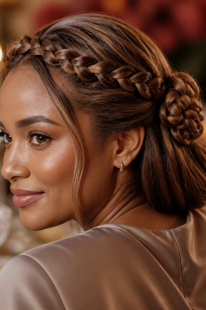 A braided crown with small flower-like knots at the back