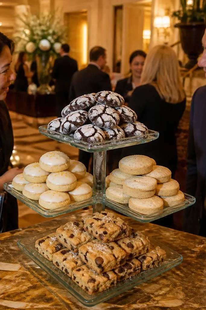 A tray of four cookies in labeled paper sleeves with a mini tasting card.