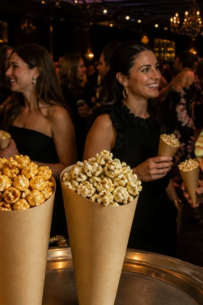 Paper cones filled with popcorn in two colors with a printed ribbon tag.