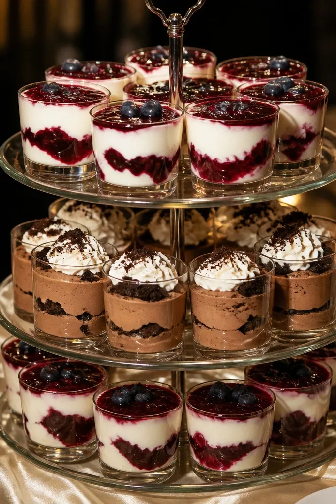 Small glass cups of layered mousse on a white tiered dessert stand.