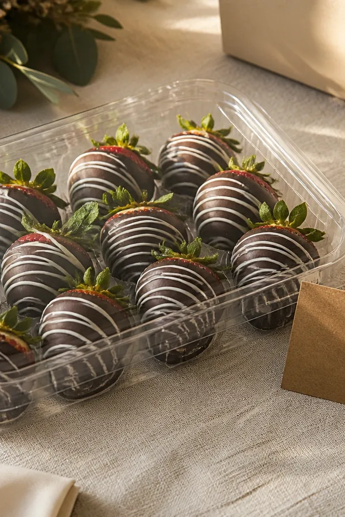 Sealed clear trays of chocolate-dipped strawberries with gold ribbon labels.