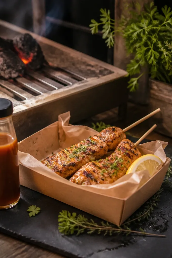 Small boxes with grilled skewers, herbs, and a squeeze bottle of sauce.