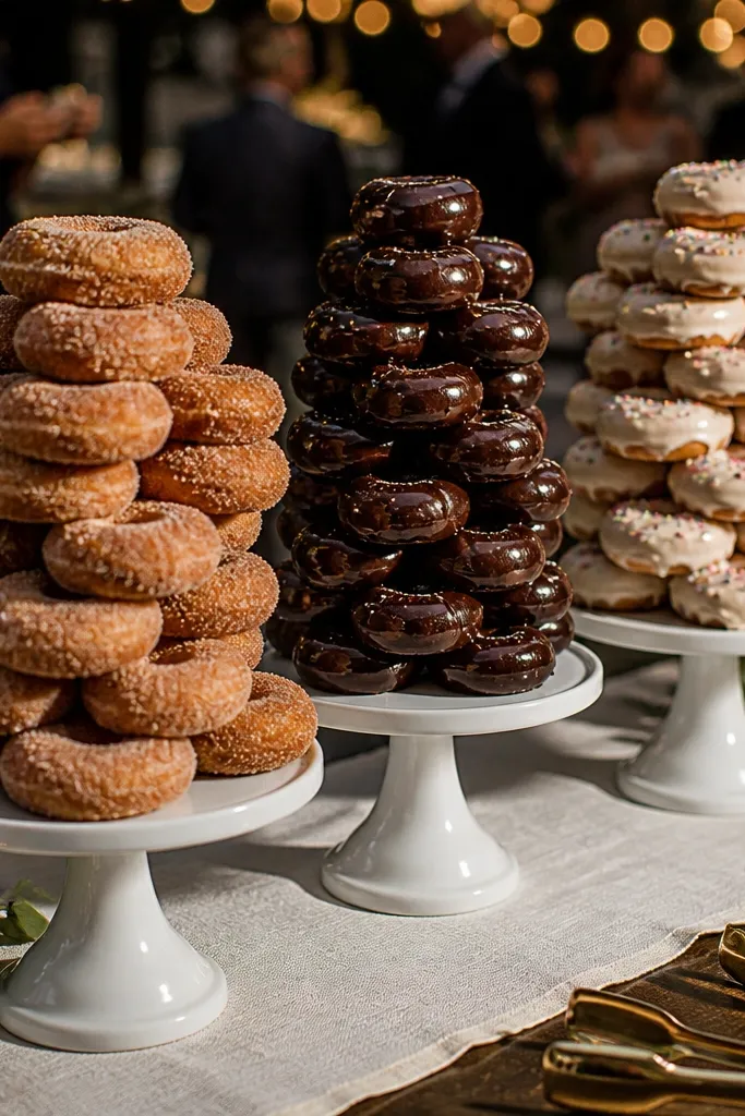 Stacked mini donuts on tiered stands with powdered sugar and toppings.
