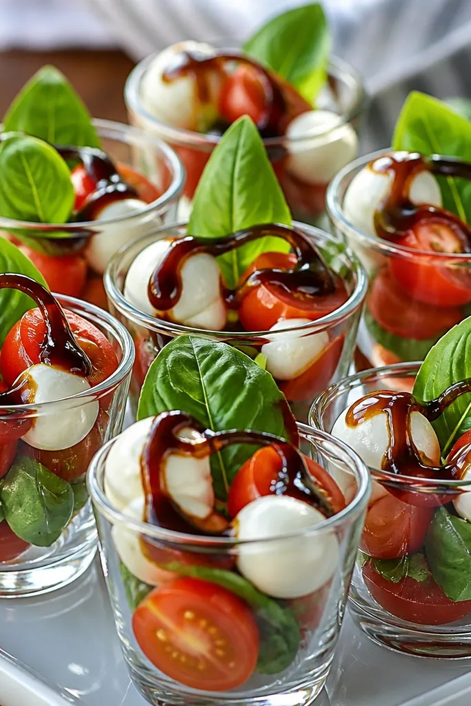 Clear cups with cherry tomatoes, mozzarella pearls, basil, and a balsamic drizzle.
