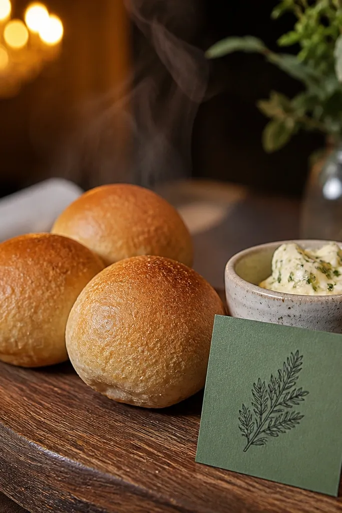 Mini bread rolls on a tray with herb butter in labeled cups.