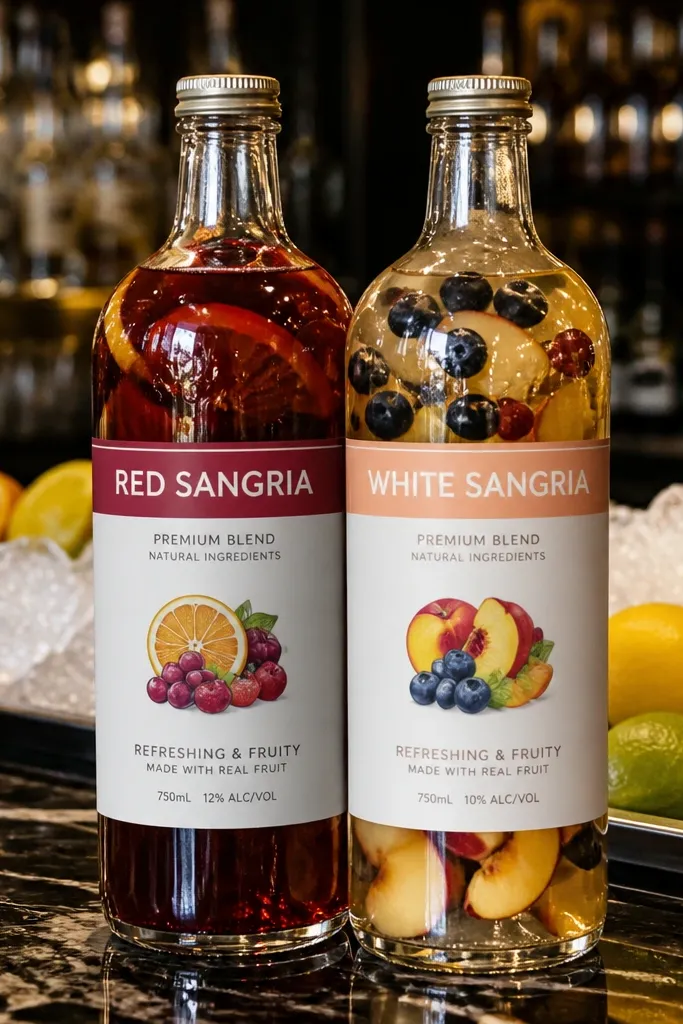 Glass bottles of red and white sangria with matching label cards on a bar cart.
