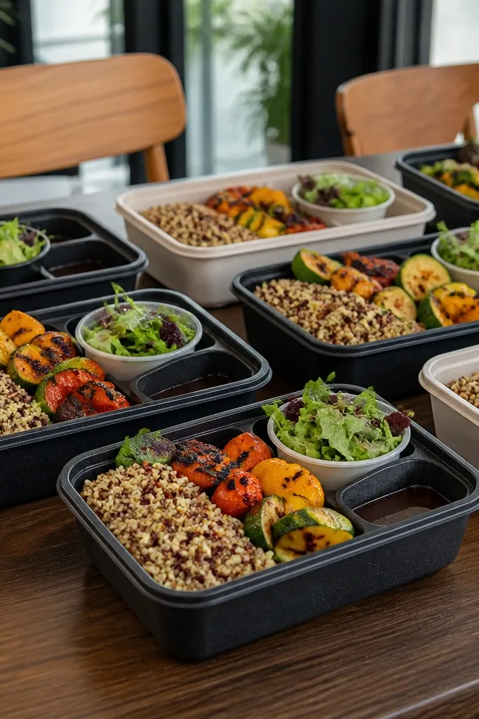 Lidded bento boxes with colorful vegetarian meals and a neat garnish card.