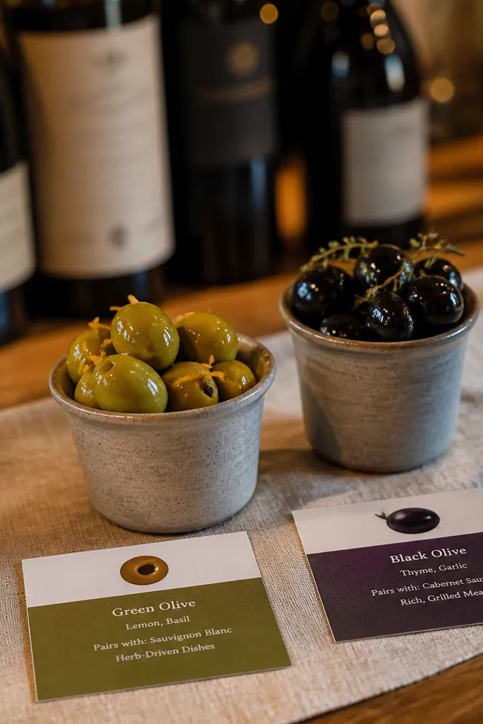 Small pairing cards next to tiny olive cups and a glass of white wine.