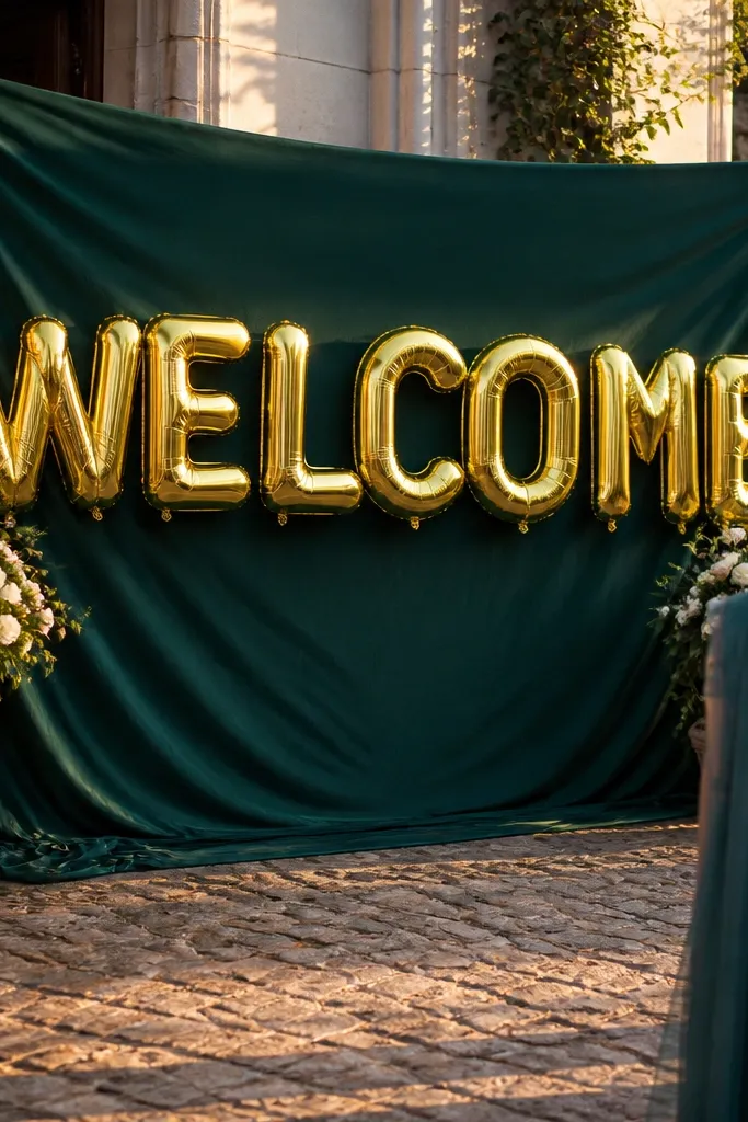 Deep green backdrop with gold balloon letters near the wedding entrance