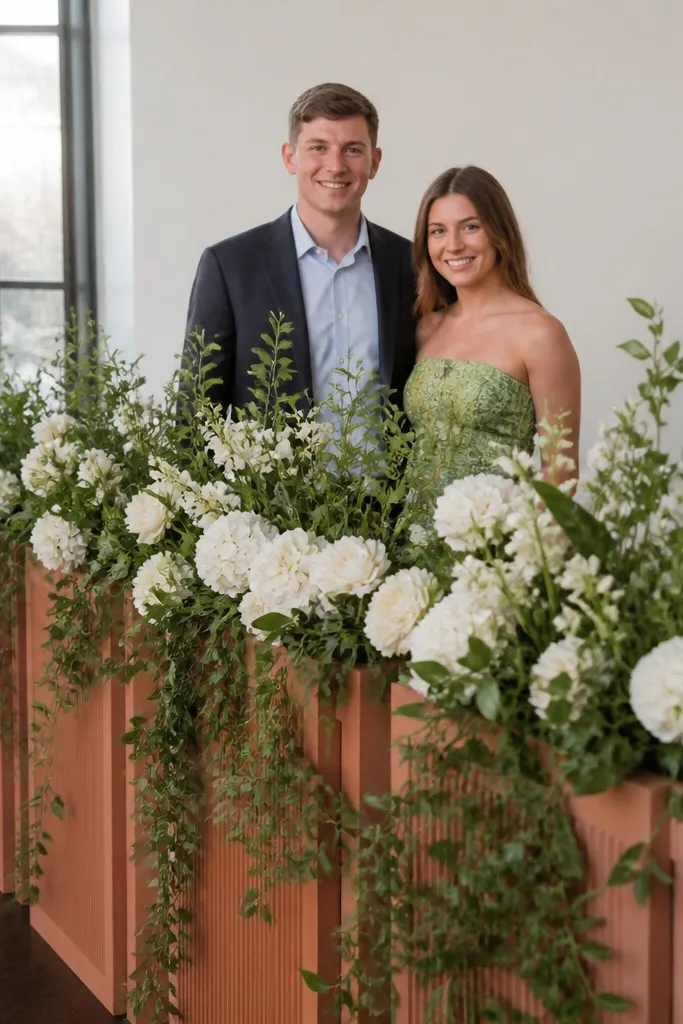 Flower wall made of sage and terracotta blooms on entrance panels