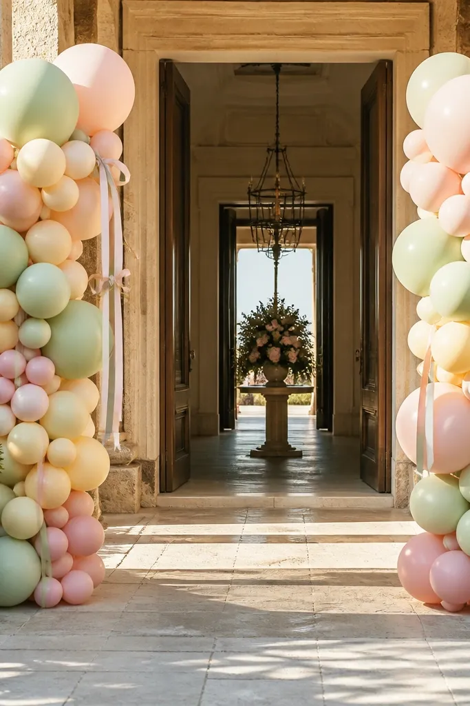 Pastel balloon clusters in corners framing a wedding entrance