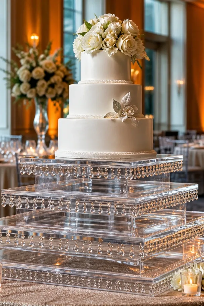Clear acrylic tiered cake stand with small beaded details