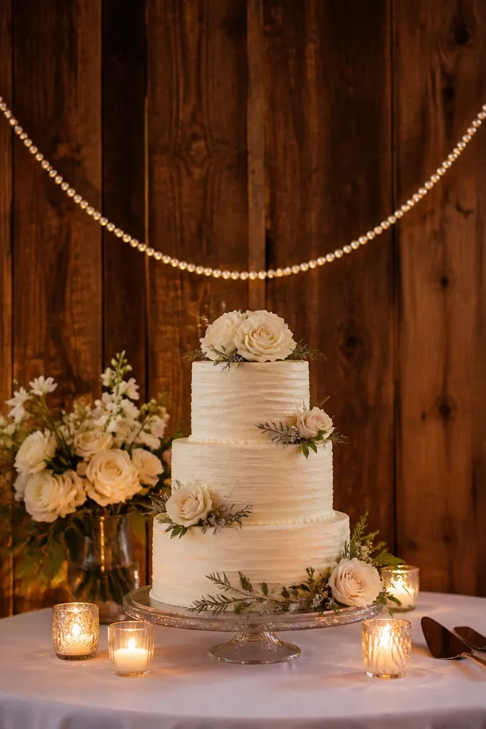 Pearl beaded garland draped in a U shape behind a cake