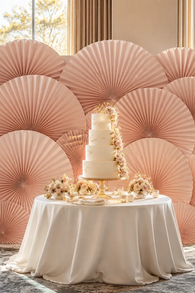 Blush paper fans arranged behind a cake on a wedding table