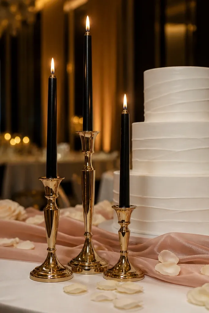 Black taper candles in gold holders arranged behind a wedding cake