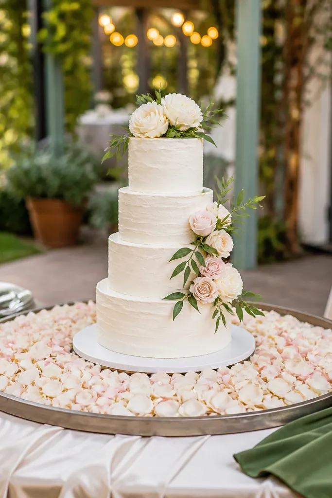 Shallow tray filled with rose petals forming a border in front of a cake