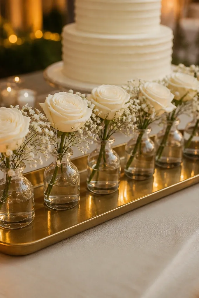Brushed brass tray with small bud vases lined along one side of a cake table