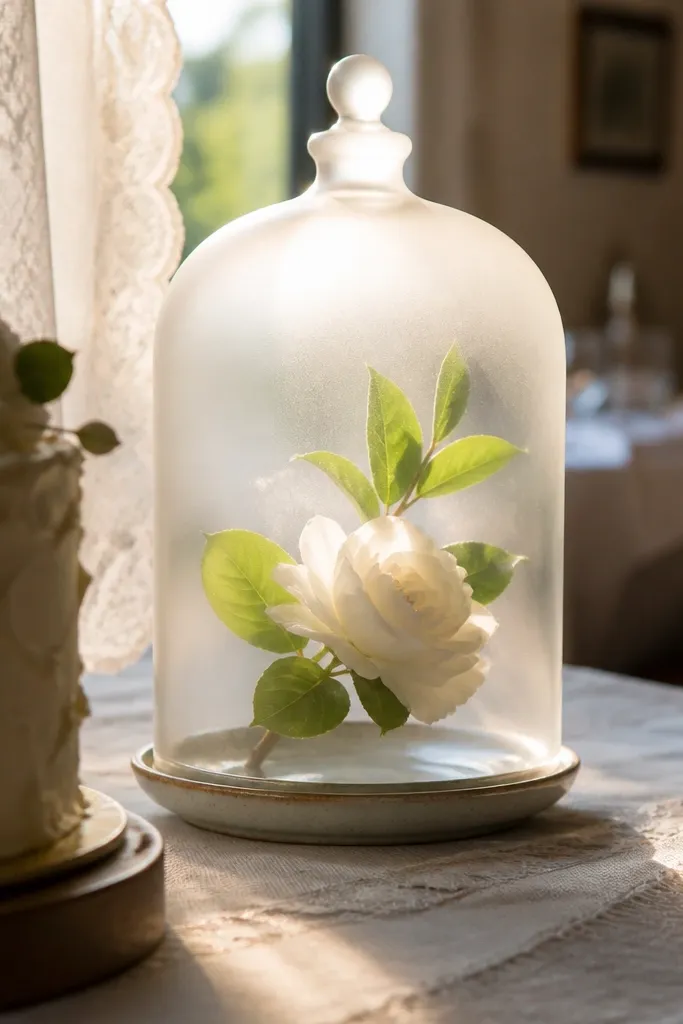 Frosted glass cloche over a small base with one floral stem near a cake