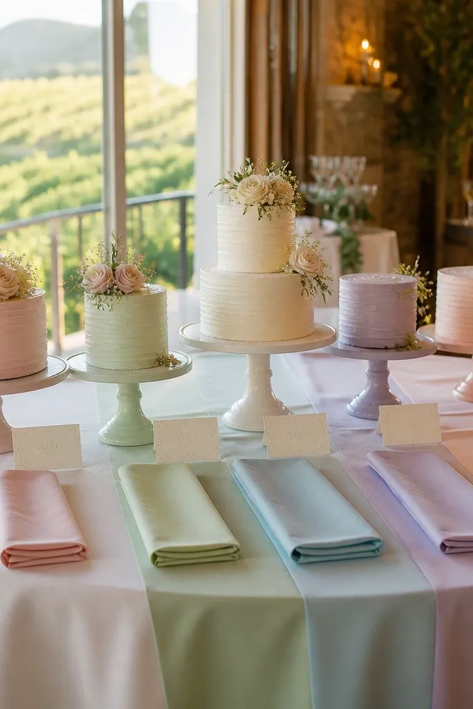 Pastel color-block runner with matching napkins and small label cards on a cake table